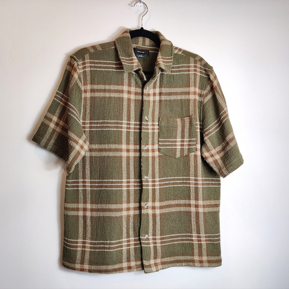 Cotton On Men's Eddie Sweater Shirt Woven Gauze Plaid Button Down Size Large
